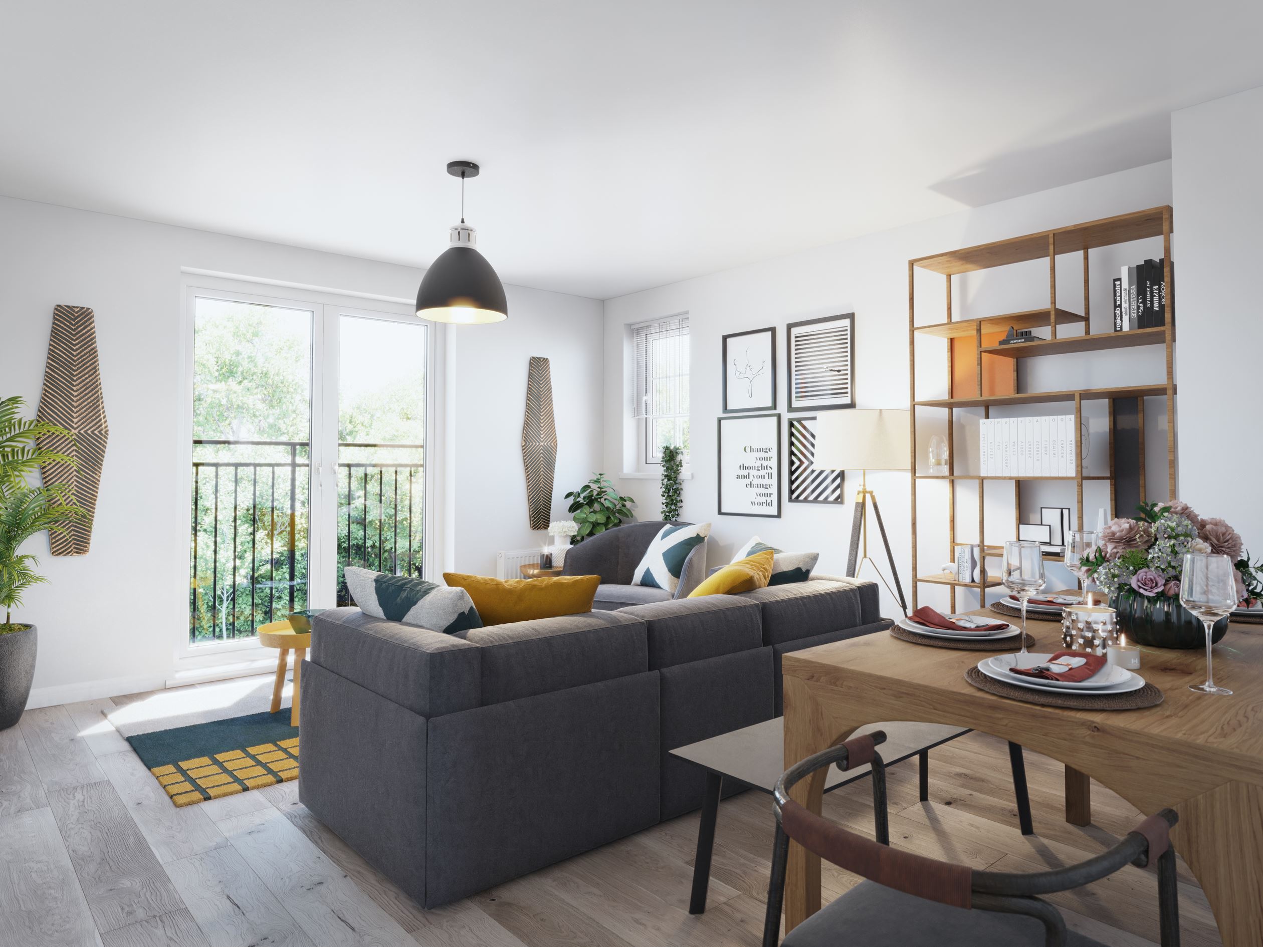 CGI internal of the Falkirk living and dining area with Juliet balcony